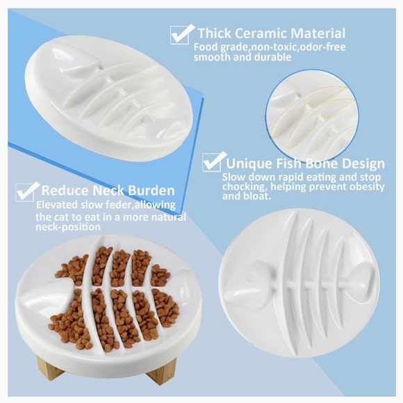 White Ceramic Fishbone Raised Slow Feeder Cat Bowl - Picture 6 of 9